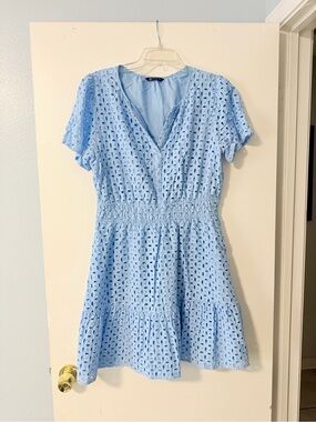 Sky Blue Eyelet V-Neck Smocked Waist Mini Dress